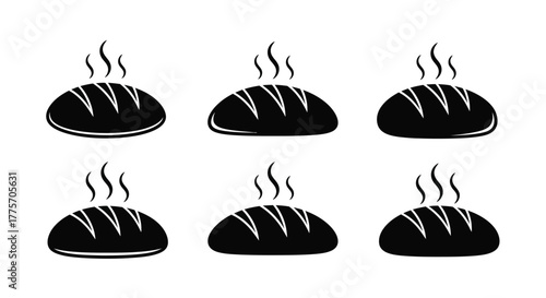 Six freshly baked loaves of bread with steam rising simple icon