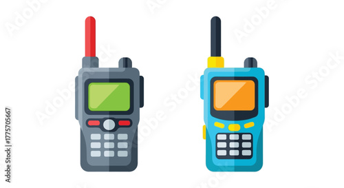 Two colorful walkie talkies displayed side by side communication devices