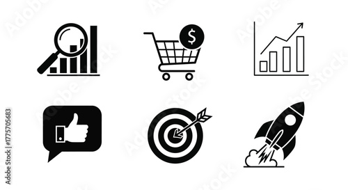 Business growth icons featuring analytics shopping success and rocket launch