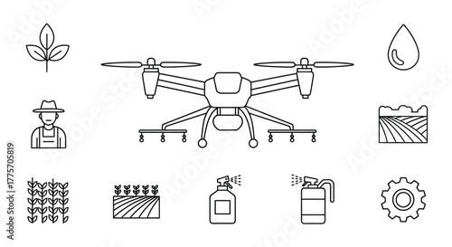 Agricultural drone technology and farming elements illustrated in a simple line style