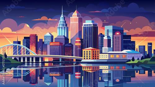 Very beautiful panoramic view of downtown Louisville, Kentucky, USA, reflecting over the calm Ohio River at dusk with illuminated skyscrapers and bridges under a twilight sky.