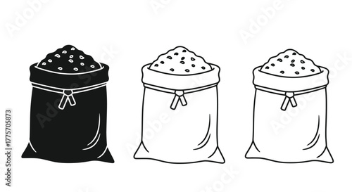 Three simple sacks filled with grainy substance depicted in black and white