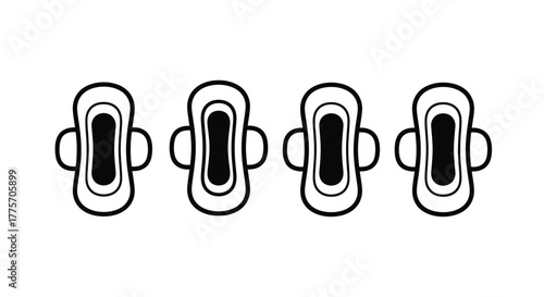 A simple black and white illustration of four sanitary pads in a row
