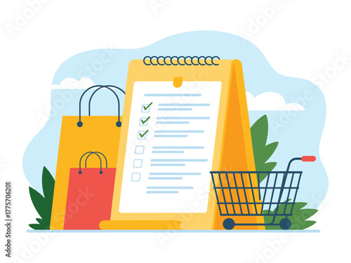 A shopping list on a clipboard with shopping bags and a cart indicates planning for purchases.