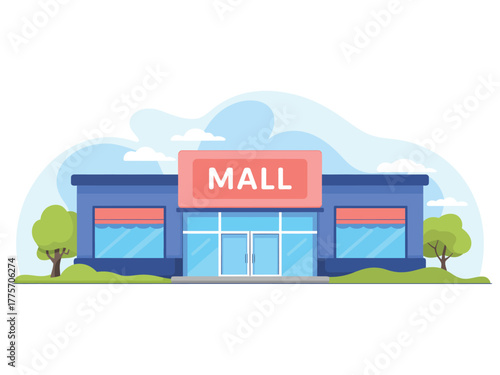 A modern mall building with a prominent sign indicating 'MALL' stands under a partly cloudy sky.