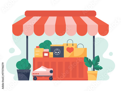 A market stall displays shopping bags and plants under a striped awning.