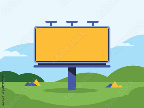 A blank billboard stands in a green landscape under a cloudy sky.