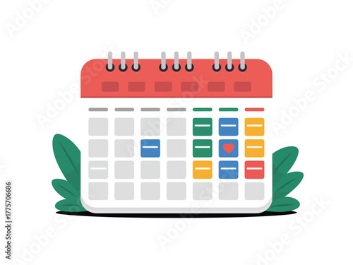 A colorful desk calendar with a heart symbol on one of the days.