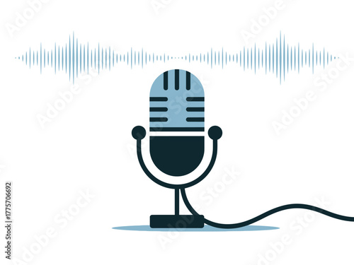 A microphone captures sound waves, representing audio recording and broadcasting.