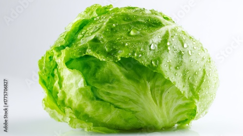 Close up view of fresh crispy green iceberg lettuce head with water droplets on clean white background