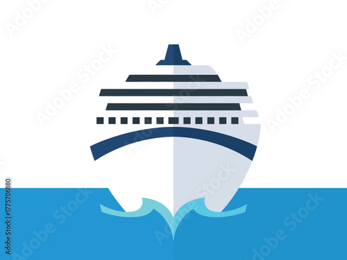 A large cruise ship sails across the blue ocean waves.