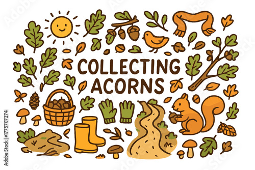 Collecting Acorns Illustration. Collecting Acorns. Hand-drawn doodle illustration of collecting acorns. Acorns