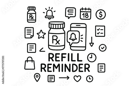 Doodle Refill Reminder. Refill reminder. Hand-drawn doodle illustration of refill reminder. In the middle, one