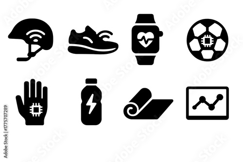 Sports Gear Icons. Sports gear innovations. Filled icon set of sports gear innovations: smart helmet, running