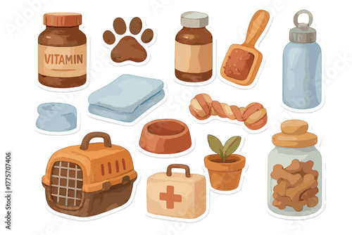 Pet Wellness Stickers. Pet wellness items. Realistic hand-painted watercolor style sticker sheet of pet