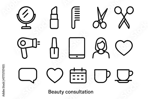 Beauty Consultation Icons. Beauty consultation. Line outline icon set of beauty consultation: mirror, lipstick