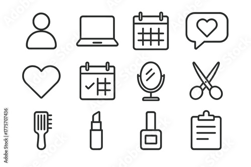 Client Booking Icons. Client booking. Line outline icon set of client booking: client silhouette, computer,