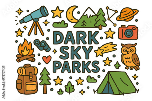 Dark Sky Doodles. Dark Sky Parks. Hand-drawn doodle illustration of dark sky parks. Telescope, stars, moon,