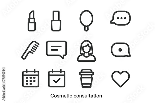 Cosmetic Consultation Icons. Cosmetic consultation. Line outline icon set of cosmetic consultation: lipstick,