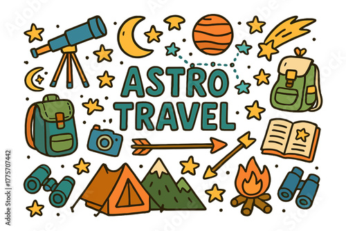 Astro Travel Adventure. Astro Travel. Hand-drawn doodle illustration of astro travel. Telescope, stars, moon,
