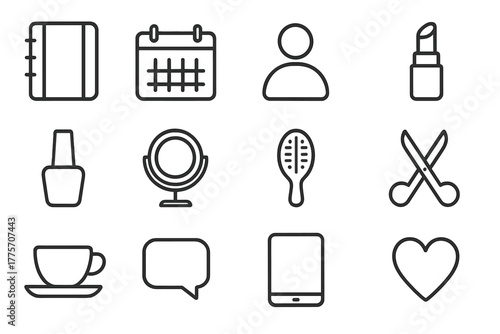 Beauty Planner Icons. Beauty planner. Line outline icon set of beauty planner: notebook, calendar, client,