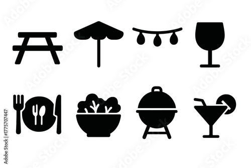 Summer Dinner Party Icons. Outdoor summer dinner party. Filled icon set of outdoor summer dinner party: picnic