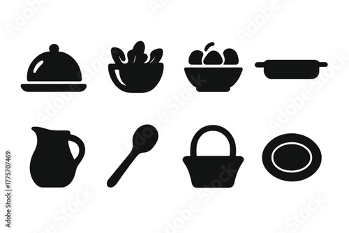 Serving Dish Icons. Serving dishes. Filled icon set of serving dishes: platter, salad bowl, fruit bowl, tray,
