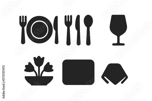 Elegant Table Icons. Table setting. Filled icon set of table setting: plate, fork, knife, spoon, napkin, wine