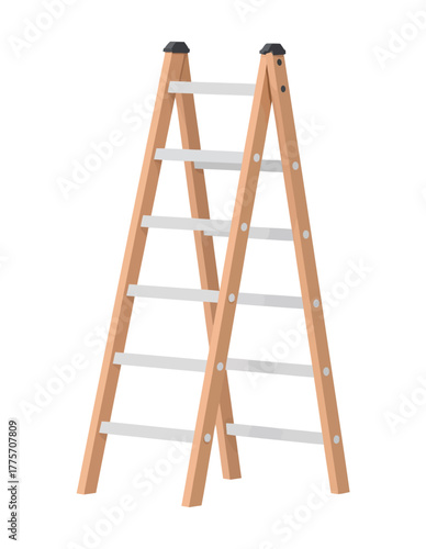A wooden A-frame stepladder stands ready for use, isolated on a white background.