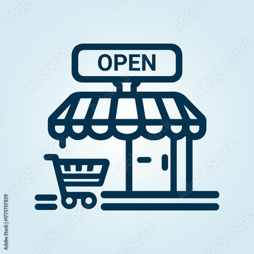Blue Line Art Icon of Store Front with Awning, Open Sign, and Shopping Cart
