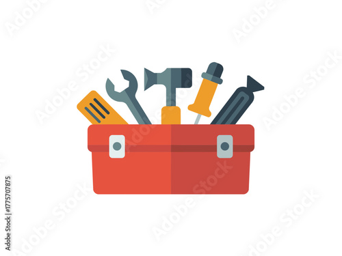 A red toolbox filled with various hand tools on a white background.
