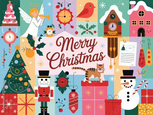 A festive collage of Christmas elements, including a tree, snowman, nutcracker, and angel, wishing Merry Christmas.