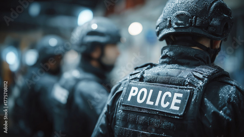 Immigration enforcement operation by ICE agents in a dim corridor setting