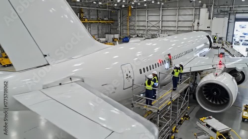 inspecting aircraft doors, maintenance crew checking aircraft entry points thoroughly, technicians in safety vests carefully inspect plane door components with proper equipment