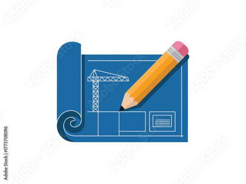 A pencil draws a construction crane on a blueprint.