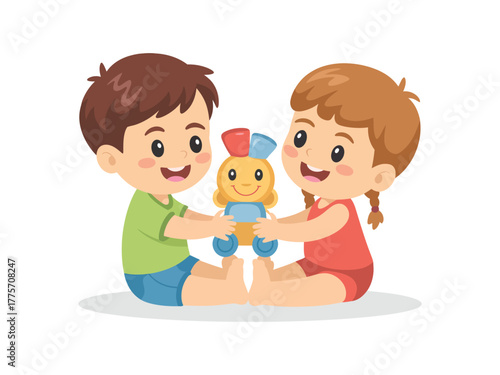 Two children happily share a toy, symbolizing friendship and cooperation.