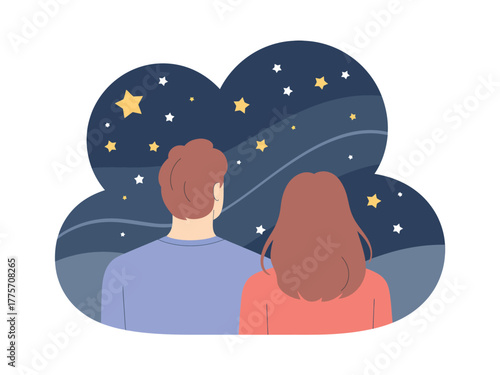 A couple gazes at the starry night sky, lost in wonder and dreams.