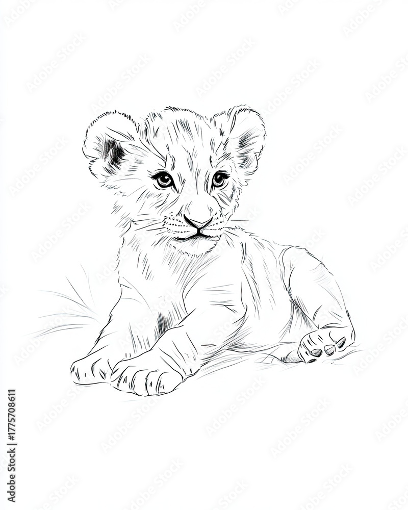 Obraz premium Adorable line drawing of playful lion cub portrait on white background