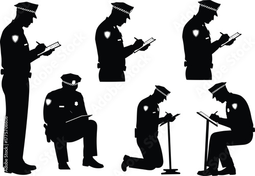 Police officer silhouette, writing notepad, law enforcement, investigation, report, duty