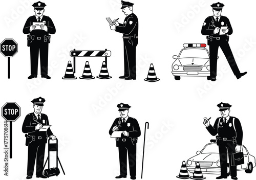 Police, officer, silhouette, traffic, control, law, enforcement, patrol, authority, safety, uniform, duty, stop, sign, car, cones, communication, security, discipline, service