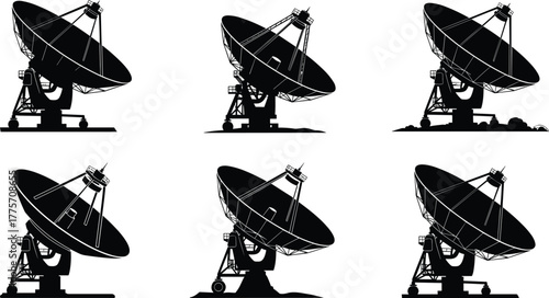 Satellite dish silhouettes, communication technology, signal transmission, broadcasting icons, global network, telecommunication equipment, antenna design, space communication, data
