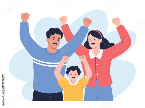 A happy family with raised fists celebrates success and unity together.