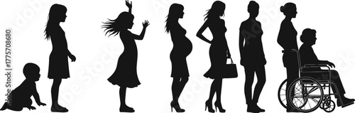 Female life stages silhouette, baby, child, girl, pregnant woman, adult, middle age, elderly, aging, growth, development, generation, family, motherhood, lifestyle, people, timeline, evolution
