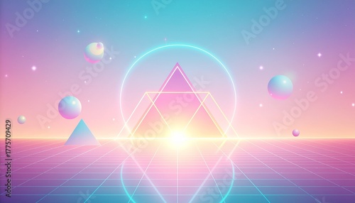 Vibrant vaporwave background with glowing triangles, sunset gradient, and soft neon atmosphere. Perfect for synthwave music visuals and digital design