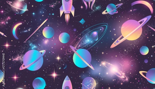 Colorful cosmic background with planets, stars, and glowing orbits in a futuristic neon palette. Great for sci-fi art, wallpapers, or digital concepts