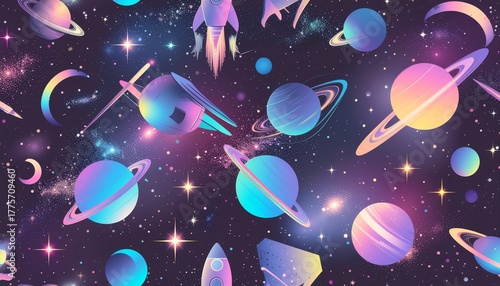 Colorful cosmic background with planets, stars, and glowing orbits in a futuristic neon palette. Great for sci-fi art, wallpapers, or digital concepts