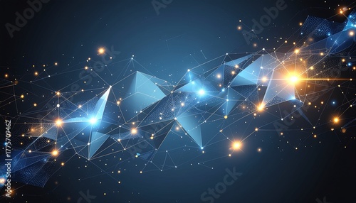 Abstract futuristic background with polygonal geometric shapes, glowing lines, and a deep blue light grid. Ideal for technology, innovation, or digital design projects