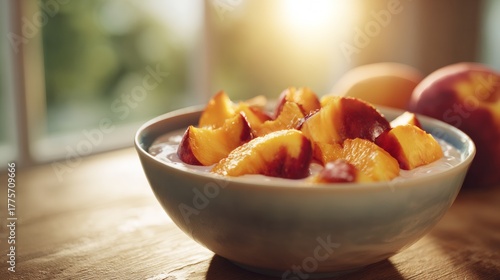 Fresh Nectarine or Peach Slices in Yogurt Bowl on Sunny Morning Kitchen Table