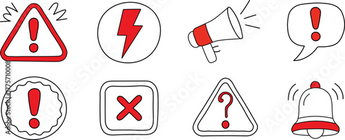 Set of doodle attention sign icons. Hand-drawn warning signs, caution signs, and alert sketch symbols intended to doodle an exclamation point, an error, or a vital attention icon.