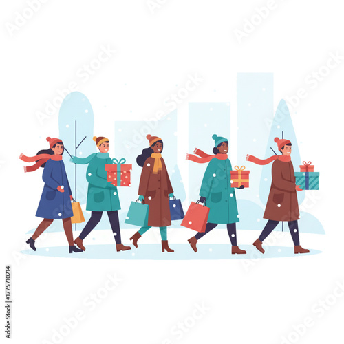 Winter Holiday Shopping Scene — People Carrying Gift Bags in Snowy City Street
